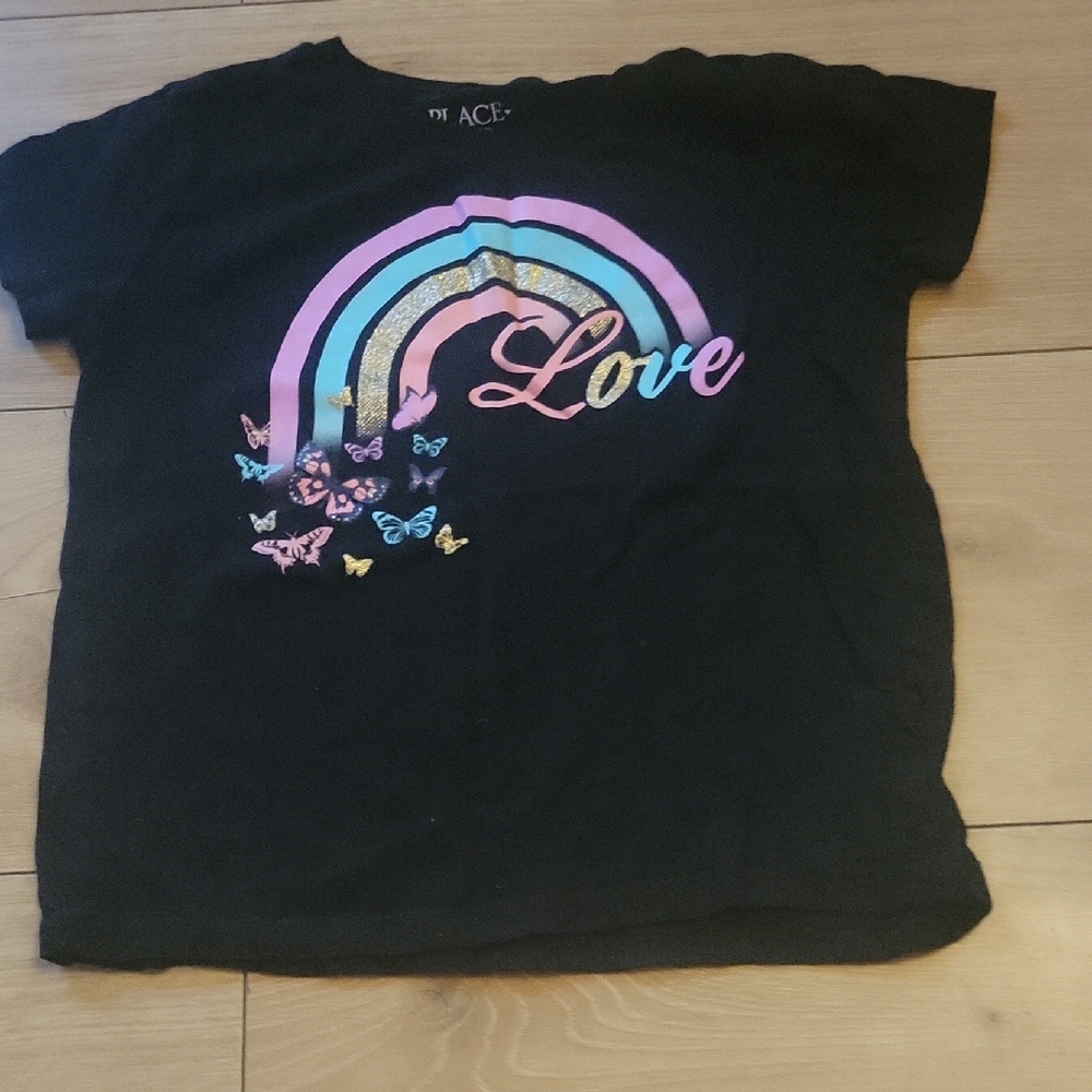 Place Black Tee with Colorful Rainbow and Butterfly Print